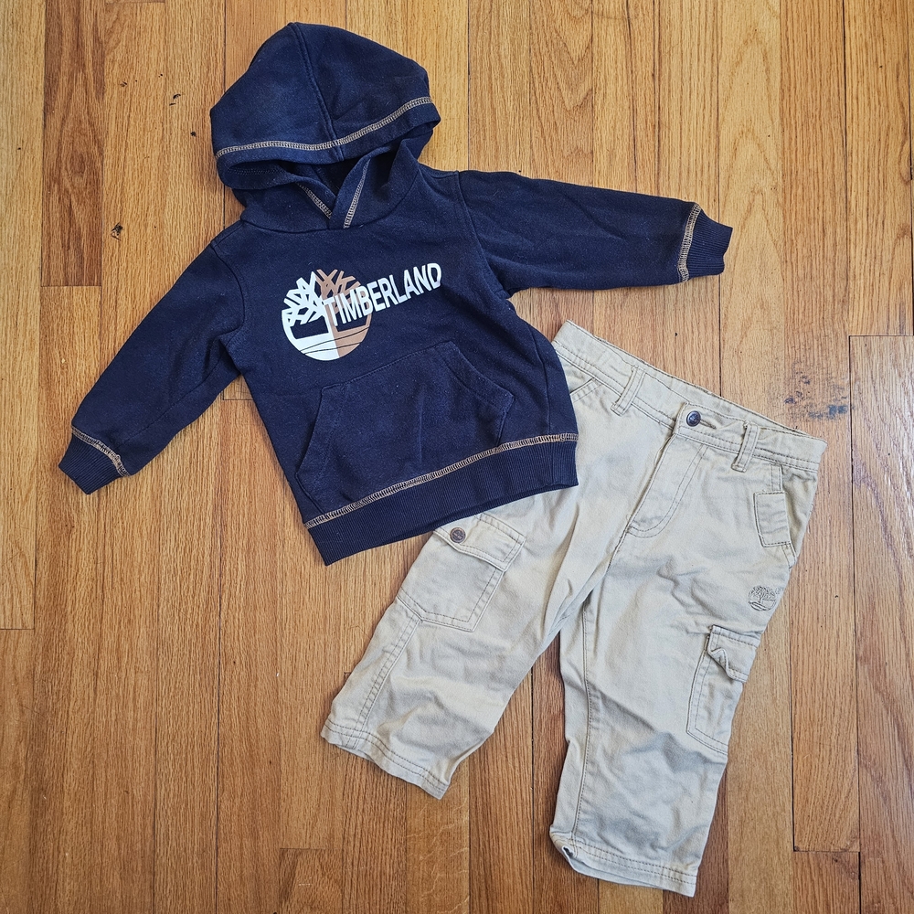 Timberland Logo Navy Sweatshirt Hoodie and Tan Cargo Pants Set Boys Baby 18m